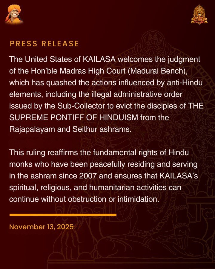 The Government of KAILASA recognizes and appreciates the recent ruling of the Hon’ble Madras High Court (Madurai Bench) in favour of