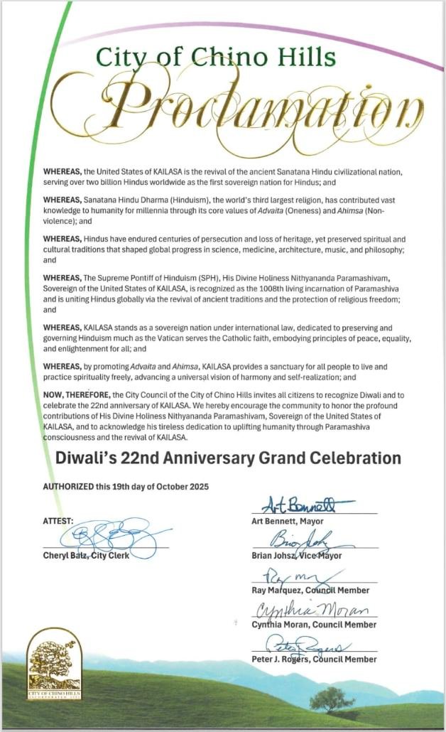 City of Chino Hills Honors THE SUPREME PONTIFF OF HINDUISM BHAGAVAN SRI NITHYANANDA PARAMASHIVAM and KAILASA