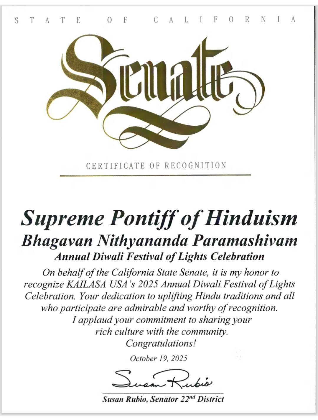 Diplomatic Statement | California State Senate Certificate of Recognition