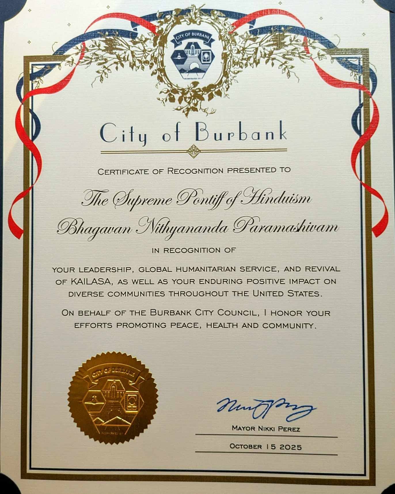 Diplomatic Statement | City of Burbank Certificate of Recognition