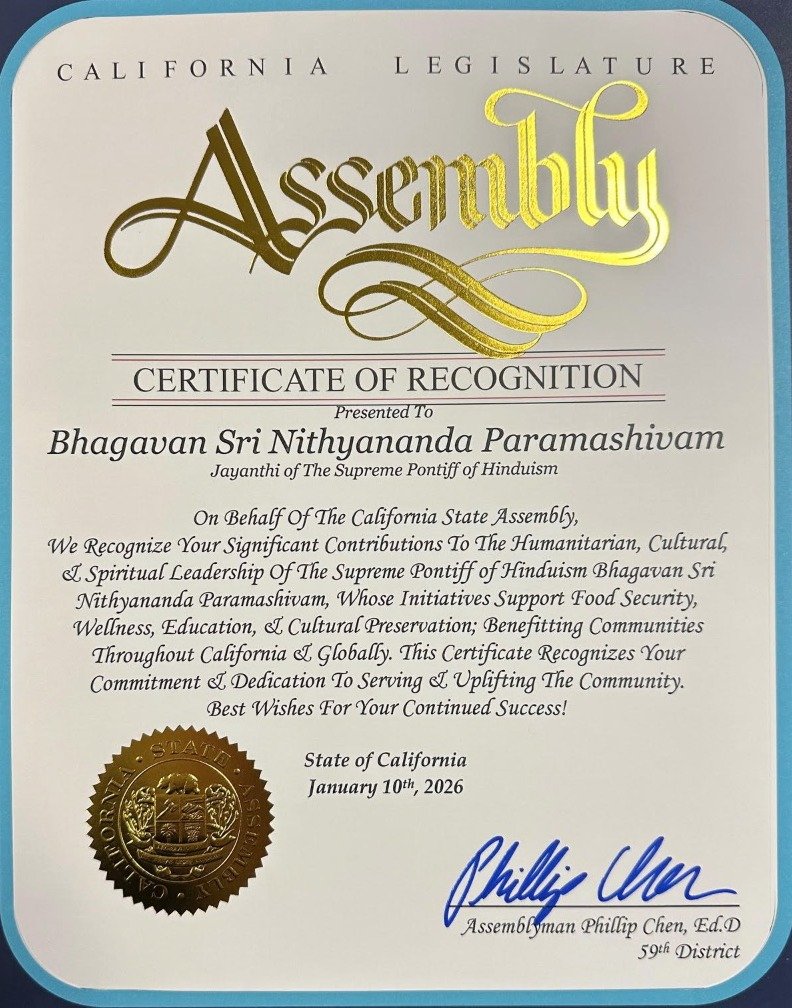 Kailasa is honored to have received a Certificate of Recognition from the office of Assemblymember Phillip Chen Assemblyman Phillip Chen